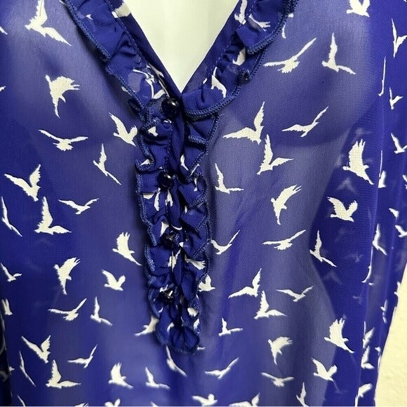 Lily Rose Size XL Sheer Royal Blue Blouse With White Bird Print - Picture 6 of 11